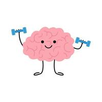 Brain training, sport, doing exercise in education, cute character. Mind power. Brain character lifting dumbbells. Vector illustration