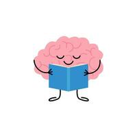 Brain with book, cute child character for knowledge, education. Happy brain reading book. Vector illustration