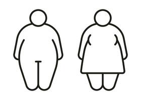 Obese body of man and woman obese fat line icon. Fat figure and big size. Risk diabetes people. Vector outline illustration