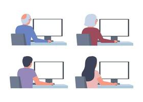 conjunto de personas se sienta a mesa computadora trabajo espalda vista. mayor sénior, hombre, mujer en lugar de trabajo. vector