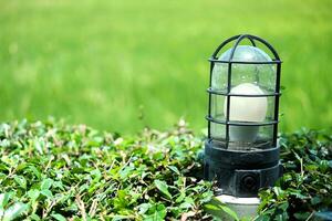 Solar Lantern and electrical lamp near the garden green field. Technology lighting concept photo
