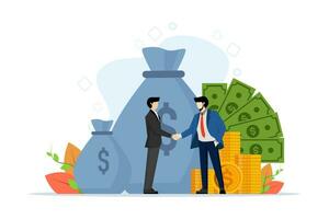 Salary negotiation concept, business people shaking hands with money after finalizing a deal, discussion about salary increase or wage and benefits agreement, business deal. vector