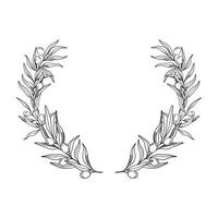 Sketch wreath of olive branch with berries and leaves. Hand drawn vector line art frame illustration. Black and white drawing of the symbol of Italy or Greek for cards, design logo, tattoo.