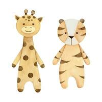 Watercolor illustration eco baby toys. Nursery decor, giraffe and tiger. Hand drawn Vector. Perfect for card, invitation, baby shower, tags, printing vector