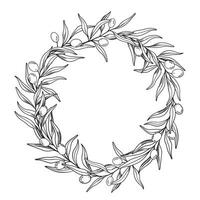 Sketch wreath of olive branch with berries and leaves. Hand drawn vector line art frame illustration. Black and white drawing of the symbol of Italy or Greek for cards, design logo, tattoo.