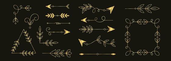 Hand drawn vector gold arrows and dividers with leaves. Lines, borders and frames set. Doodle design elements.