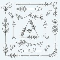 Hand drawn vector arrows and dividers with leaves on withe background. Lines, borders and frames set. Doodle design elements.