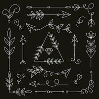 Hand drawn vector arrows and dividers with leaves on black background. Lines, borders and frames set. Doodle design elements.