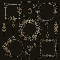 Hand drawn vector gold frame and dividers set. Round and square frames. Doodle design elements.
