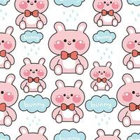 Seamless pattern of cute rabbit doll in the rainy cloud on white background. vector