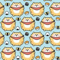 Seamless pattern of cute fat shiba inu dog with icon sushi background.Chubby japanese vector