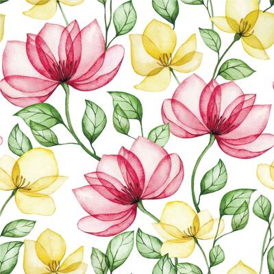 watercolor drawing, seamless pattern of transparent rose flowers in pink and yellow. delicate x-ray print
