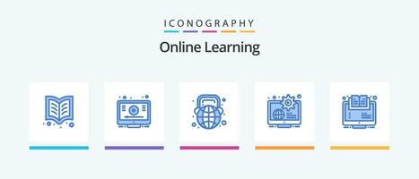 Online Learning Blue 5 Icon Pack Including learn. content. education. business. headphone. Creative Icons Design vector