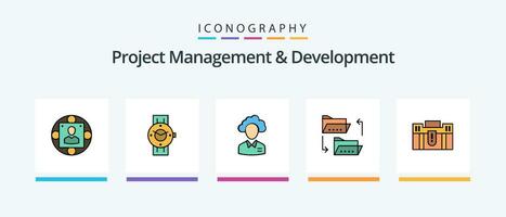 Project Management And Development Line Filled 5 Icon Pack Including office. team. page. meeting. list. Creative Icons Design vector