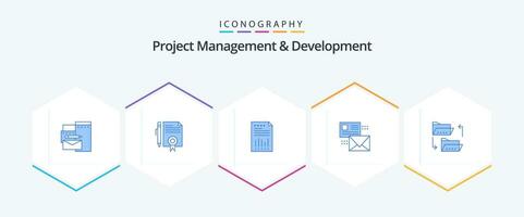 Project Management And Development 25 Blue icon pack including conversation. report. page. paper. financial vector