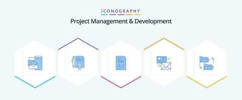 Project Management And Development 25 Blue icon pack including conversation. report. page. paper. financial vector