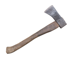 Old rust dirty dark gray axe with brown wooden handle isolated with clipping path in png format