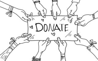 Donate hand drawn. Concept of charity and donation. people hands Give and share donation. Hands gesture on doodle style. vector illustration