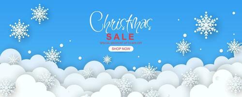 Christmas sale banner with 3d cloud and snowflake illustration in paper style design vector