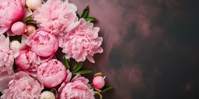 flat lay, peony flowers on a pink background. border of pink flowers with space for text. AI Generative photo