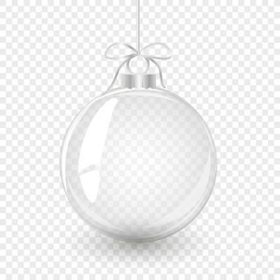 Glass Christmas ball with bow. Element of holiday decoration. Vector object for christmas design, mockup, postcard, invitation, poster, banner