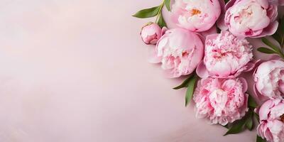 flat lay, peony flowers on a pink background. border of pink flowers with space for text. AI Generative photo