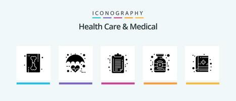 Health Care And Medical Glyph 5 Icon Pack Including book. medicine. heart. medical. clip board. Creative Icons Design vector