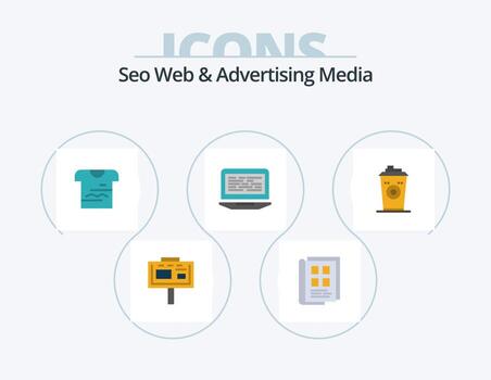 seo web y publicidad medios de comunicación plano icono paquete 5 5 icono diseño. pantalla. codificación. cuaderno. ordenador portátil. paño vector