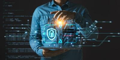 Businessman protecting personal data on tablet with virtual screen interfaces. Cybersecurity and privacy concepts to protect data. Lock icon and internet network security technology. photo