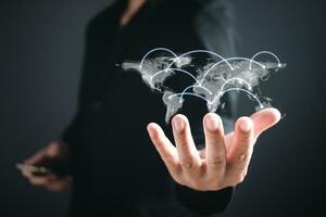 Hologram world and networked connections in the hands of businessmen.Big data analytics and business intelligence concept. Digital link tech.information technology exchange and innovation transform. photo