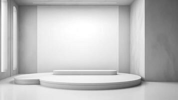 Abstract white studio with podium background for product presentation. Empty gray room with shadows of window. Display product with blurred backdrop. Generative Ai. photo