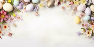 Flat lei Easter composition with spring flowers and painted eggs. AI Generative photo