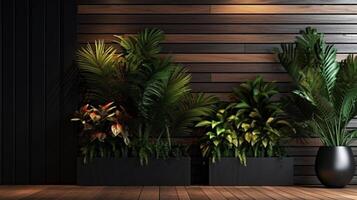 Luxury and cozy interior wood wall panel and floor, plants, leaves, green 3d render illustration. Ai Generative. photo