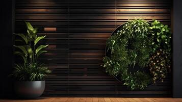 Luxury and cozy interior wood wall panel and floor, plants, leaves, green 3d render illustration. Ai Generative. photo