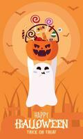 Happy halloween poster Cute ghost cartoon Vector illustration