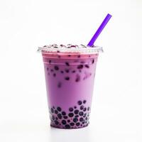 bubble tea glass with blueberry milk drink, ice cubes and bubbles. cocktail AI Generative photo