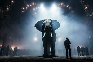 silueta de un grande elefante y un pequeño hombre en el arena. circo actuación concepto. generado por artificial inteligencia foto