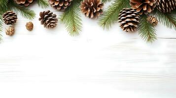 Christmas background with xmas tree and fir cones on white background. Space for text. Generative AI photo