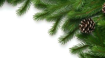 Christmas background with xmas tree and fir cones on white background. Space for text. Generative AI photo