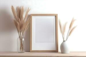 Mock up poster frame, vase with dry grass in vase on wooden shelf and white wall background. Generative AI photo