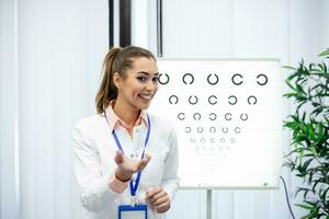 profesional hembra óptico señalando a ojo cuadro, oportuno diagnóstico de visión. retrato de óptico preguntando paciente para un ojo examen prueba con un ojo gráfico monitor a su clínica foto