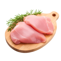 ai generativo crudo pollo, Turquía pecho en de madera corte tablero aislado en transparente antecedentes png