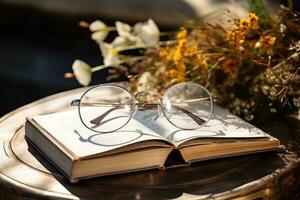 Glasses on an open book on an autumn background. Generated by artificial intelligence photo