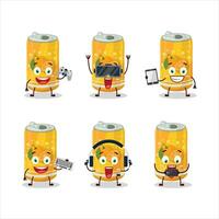 Orange soda can cartoon character are playing games with various cute emoticons vector