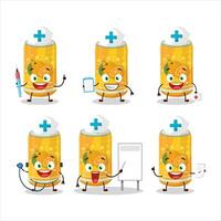 médico profesión emoticon con naranja soda lata dibujos animados personaje vector