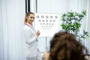 profesional hembra óptico señalando a ojo cuadro, oportuno diagnóstico de visión. retrato de óptico preguntando paciente para un ojo examen prueba con un ojo gráfico monitor a su clínica foto