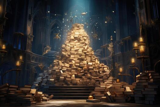 A large pile of books in the library in the rays of light. Knowledge concept. Generated by artificial intelligence photo