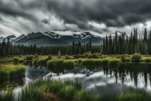 Thick clouds over nature landscape reflection on serene water created with ai generative photo
