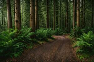 oscuro temperamental la carretera bosque rodeado grande arboles creado con ai generativo foto