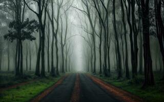 calzada en el oscuro bosque rodeado por arboles y grueso niebla. ai generativo foto